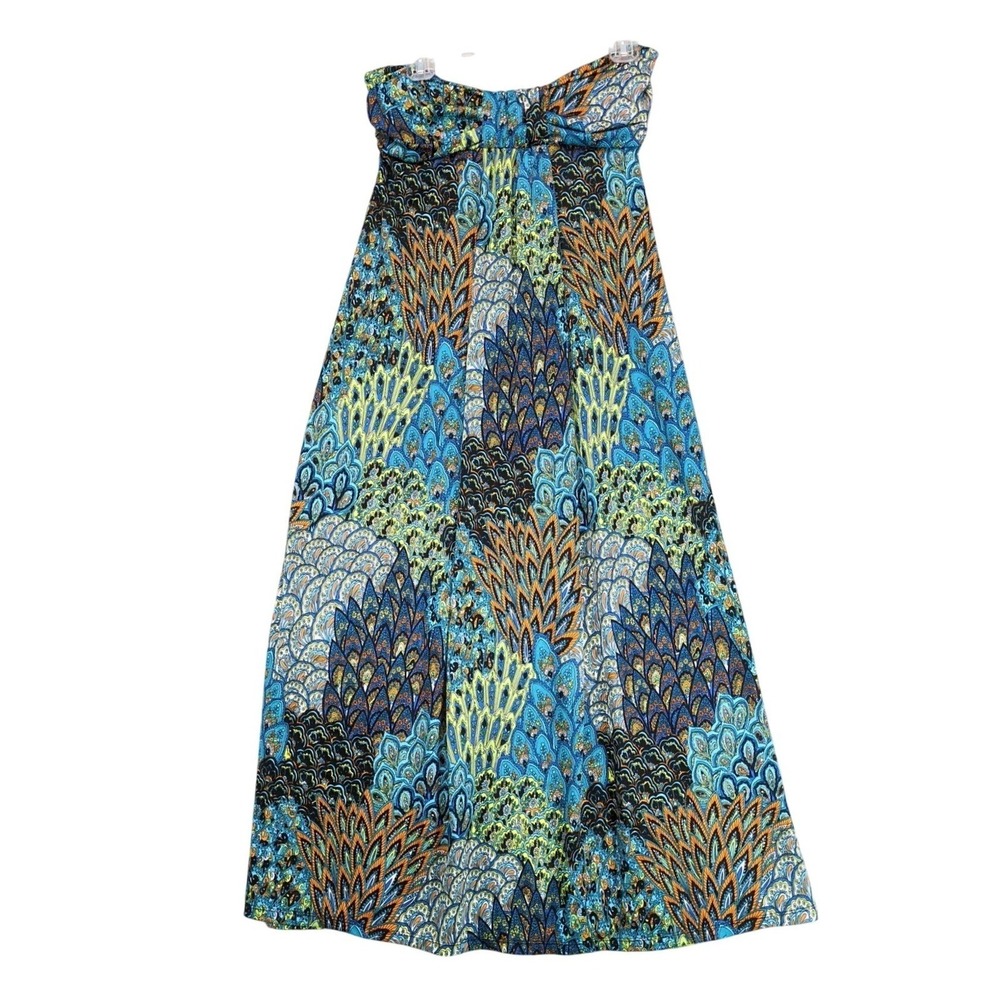 Vintage Y2K Hypnotized Blue Peacock Boho Strapless Maxi Dress L Festival Resort